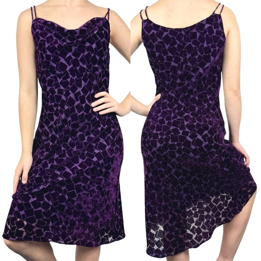 Vtg Y2K Velvet Burnout Cowl Neck Dark Fairycore Whimsigoth Midi Dress Purple - 4